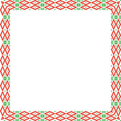 Vector red green square belarusian national ornament frame. Ethnic pattern rectangle of Slavic peoples, Russian, Ukrainian, Serb, Pole, Bulgarian. Cross stitch template