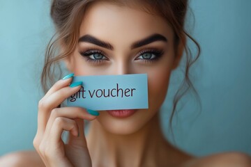 Happy young woman slim body hold gift certificate coupon voucher store card isolated on vivid yellow color background studio. Summer hotel pool sea rest sun tan concept