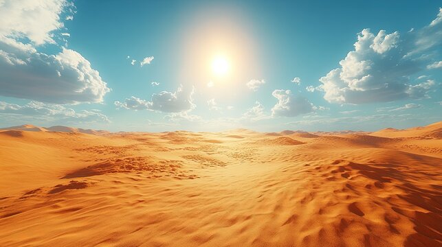 A vast desert landscape under a bright sun with scattered clouds in a clear blue sky.