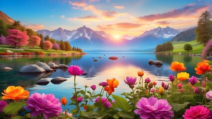 lake in the mountains with flowers