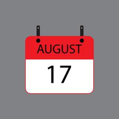Calendar icon with date 17 august on grey background. Vector schedule symbol.