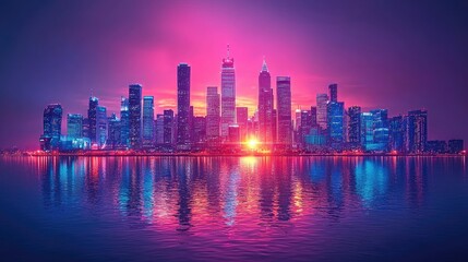 Obraz premium Vibrant City Skyline Reflected In Calm Water At Sunset