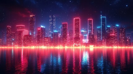 Naklejka premium Neon Cityscape Reflecting in Calm Water at Night