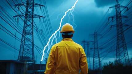 Worker in Yellow Raincoat Observing Lightning Striking Electricity Tower Under Dark Stormy Sky at Night
