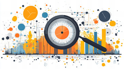 Obraz premium Digital marketing analysis with graphs, magnifying glass, and colorful data visualization elements, showcasing trends and insights in vibrant design