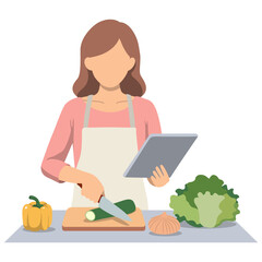 Woman Cooking Outline. Watching Recipes Online.