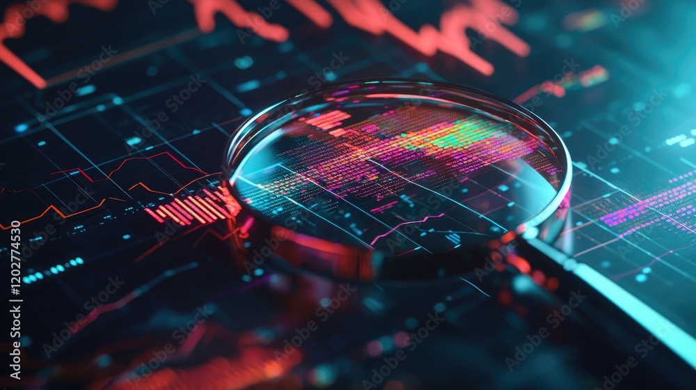 Poster A magnifying glass rests on analytical reports featuring colorful graphs and charts, symbolizing in-depth business analysis and data-driven insights for effective decisio