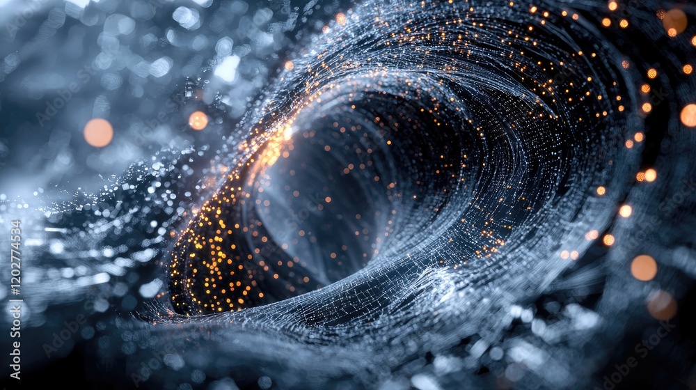 Poster Dynamic and abstract visualization of digital technology with flowing data and glowing elements, representing modern information systems and connectivity.