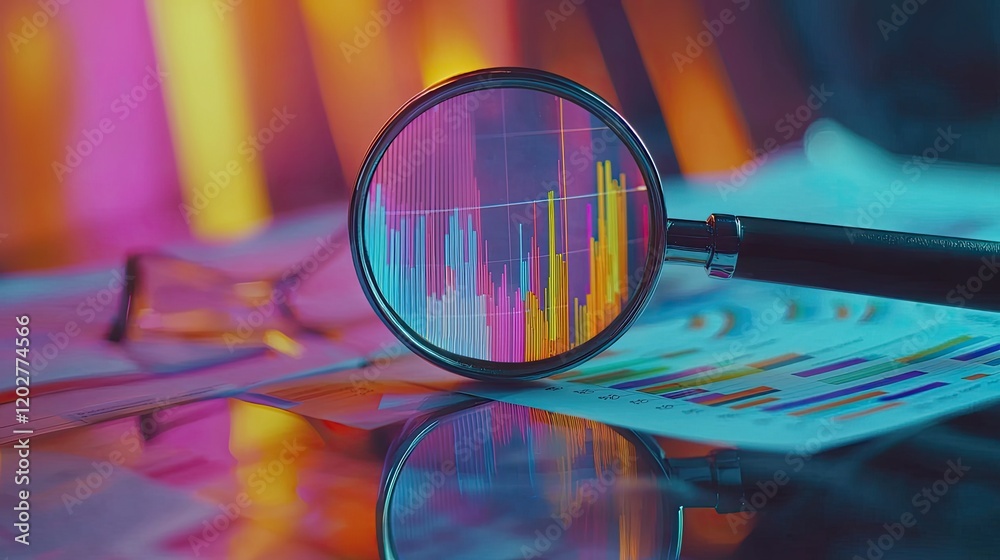 Fototapete A magnifying glass rests on analytical reports featuring colorful graphs and charts, symbolizing in-depth business analysis and data-driven insights for effective decisio