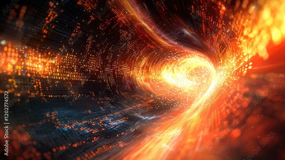 Poster Vibrant abstract digital background featuring glowing binary code and light effects, illustrating a dynamic flow of information in a high-tech environment.