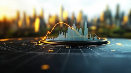 Futuristic Data Visualization Concept with City Skyline and Blurred Background for Financial Analysis