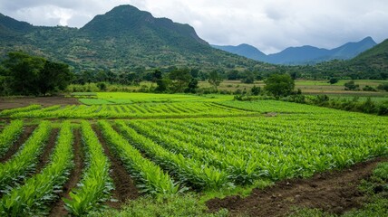 Cultivating tobacco crops in lush green fields mountainous landscape agricultural photography serene environment