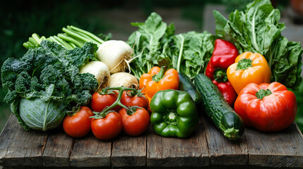 Fresh Garden Vegetables Arranged on a Rustic Wooden Table