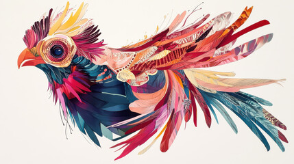 Obraz premium A vibrant drawing of a tropical bird with exaggerated plumage and abstract patterns, drawn in a cut-out style, sharp contrast to a white background