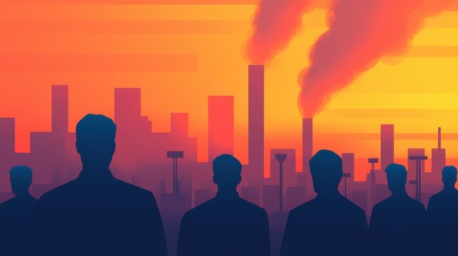 Industrial pollution awareness event urban skyline digital art sunset silhouetted figures environmental impact