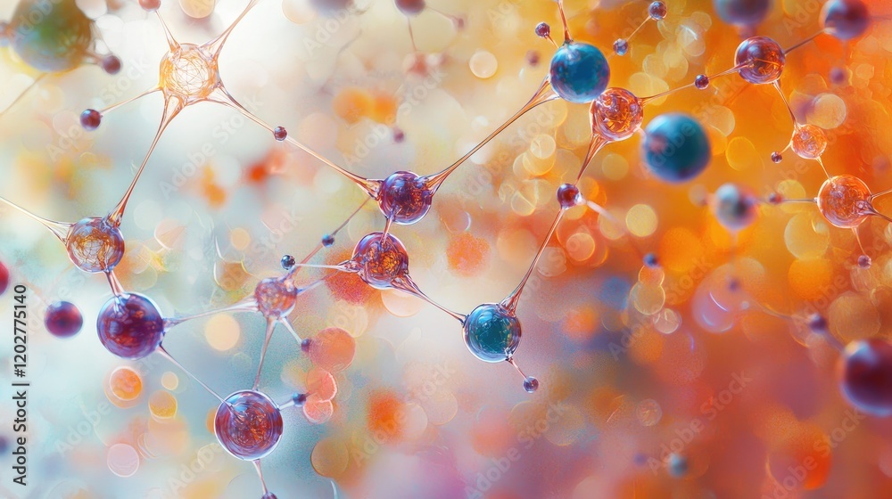 Aufkleber This abstract image depicts molecular structures with interlinked spheres against a soft background, illustrating concepts in science, chemistry, and research.