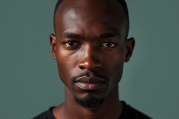 Fototapeta premium Portrait of a Thoughtful Young Man with Intense Expression Against a Soft Green Background, Capturing Confidence and Inner Strength