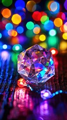 A colorful crystal sits on a table with lights in the background