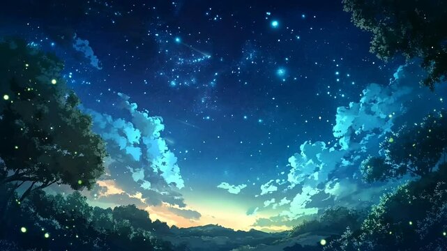 Simple night sky landscape on anime style. Special loop video clip