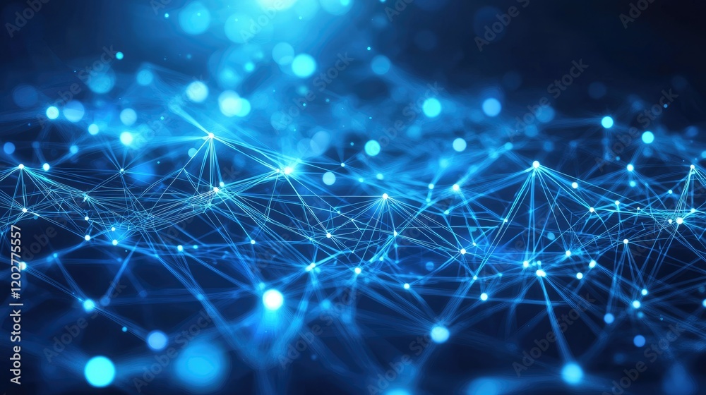 Poster Explore a mesmerizing abstract digital background filled with glowing blue particles and intricate network connections, perfect for projects related to technology and sci