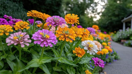 Colorful zinnias bloom in park garden, gazebo background. Ideal for gardening blogs, websites