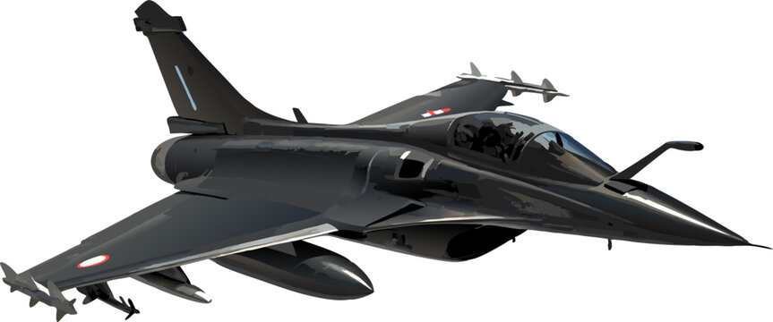 Dassault Rafale. This fighter jet is equipped with a variety of weapons, including missiles and bombs, which are visible under the wings and fuselage.