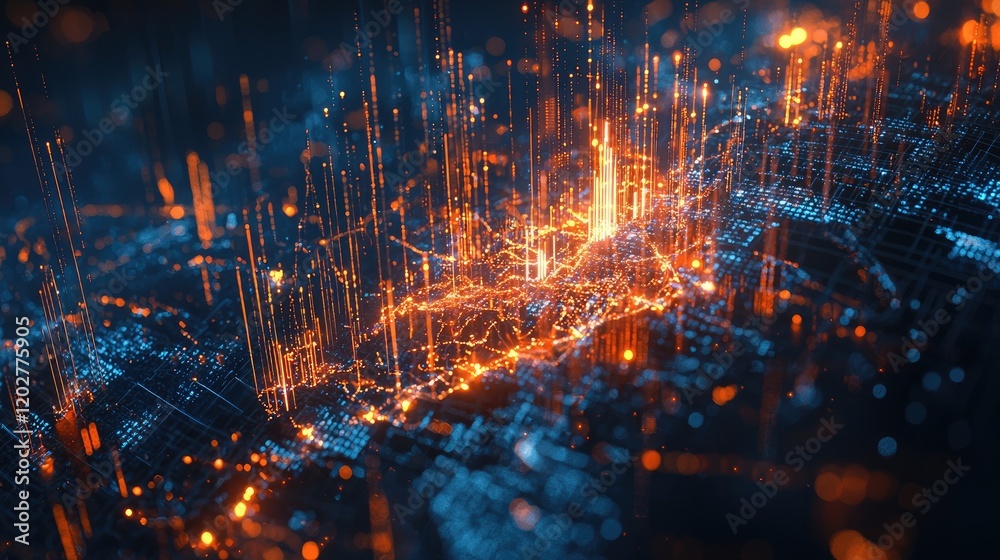 Poster Abstract visualization of a global financial market with graphs and a world map in blue and orange hues, representing data trends and economic insights.