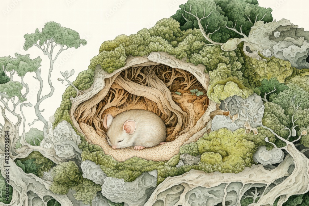 Aufkleber Nesting mouse peacefully resting in a natural, green environment surrounded by trees and roots. Generative AI
