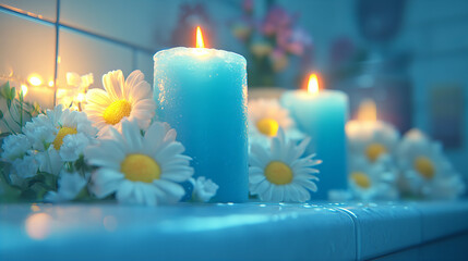 serene space featuring blue candles and white daisies, creating calming atmosphere for relaxation and mental wellness