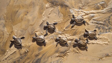 Obraz premium Tiny turtles cracking shells in the sand