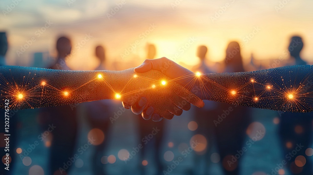 Poster a creative representation of a handshake with an urban skyline, illustrating the concept of partners