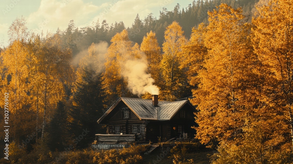 Poster cozy wooden cabin surrounded by vibrant autumn trees in a forest setting with smoke rising from the 