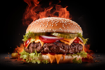 Burger with flames, food advertisement