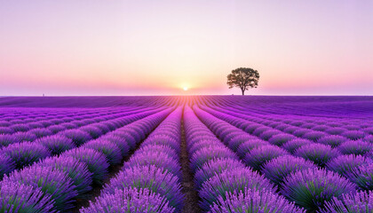 Fototapeta premium Endless lavender fields blooming at sunrise, serene countryside beauty