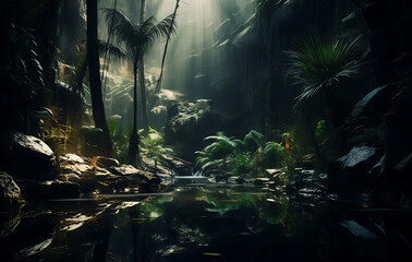 Obraz premium A quiet nighttime rainforest surrounded by the vibrant beauty of the rainforest and leaves.