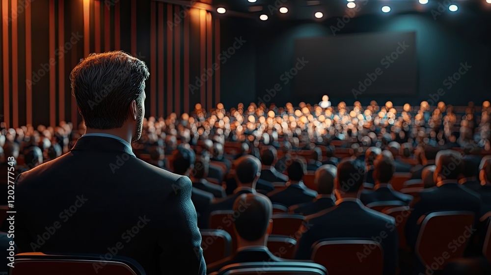 Fototapete a large audience attentively listening to a professional speaker at a business conference in a moder