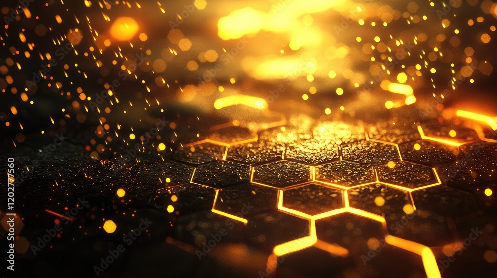 Aufkleber Vibrant abstract background showcasing glowing particles and dynamic light beams. The futuristic design features hexagonal patterns and a stunning color palette.
