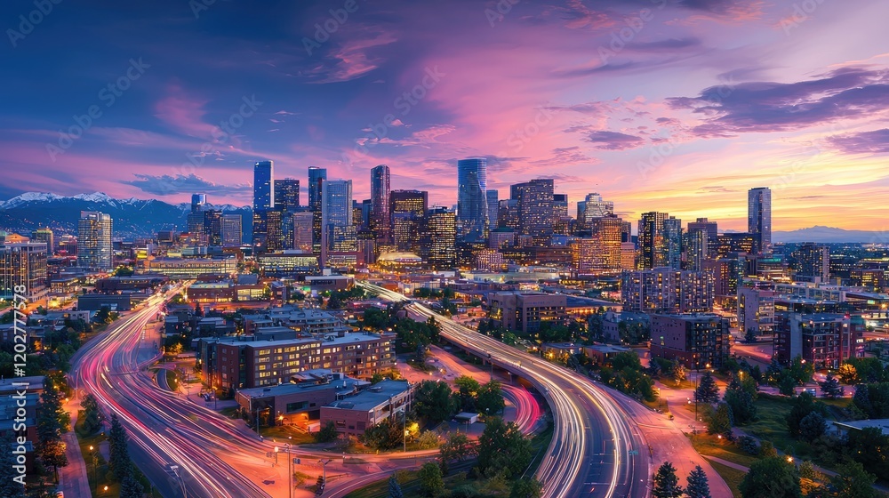 Poster stunning aerial view of a vibrant urban skyline at twilight featuring digital light trails. this fut