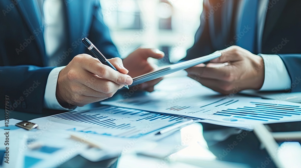 Aufkleber Two professionals closely collaborating in a modern office setting, analyzing data on a tablet and discussing innovative solutions amidst sleek technology and bright scre