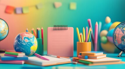 Back to School Colorful Desk Setup with Globes and Notebooks