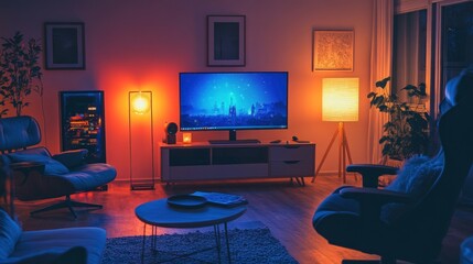 Cozy living room at night with TV, lamps, and armchairs.