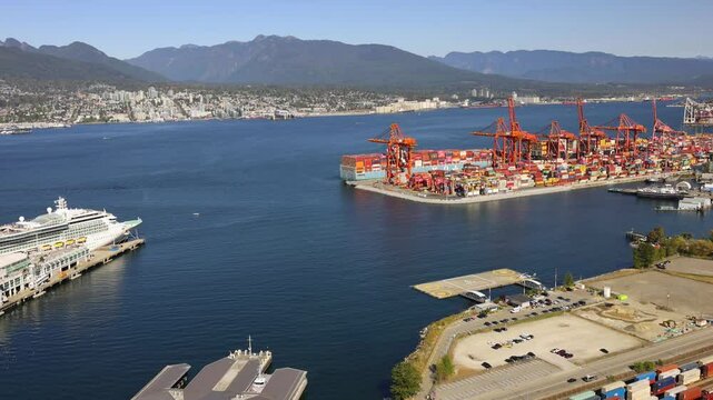 Panoramic skyline view of Vancouver international industrial port and cruise terminial.