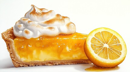 A slice of lemon meringue pie with a lemon wedge, showcasing vibrant colors and textures.