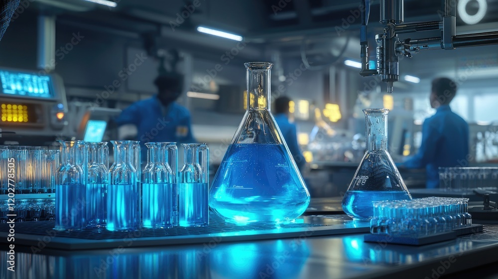 Poster a vibrant laboratory setting featuring various glassware filled with blue chemical solutions. resear
