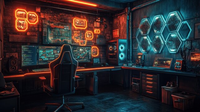 Cyberpunk gaming room with neon lights, monitors, and tech.