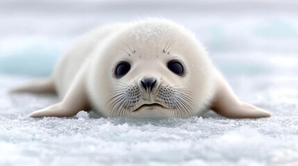 Naklejka premium Cute baby harp seal pup lying on the cold Arctic ice during a bright winter day.