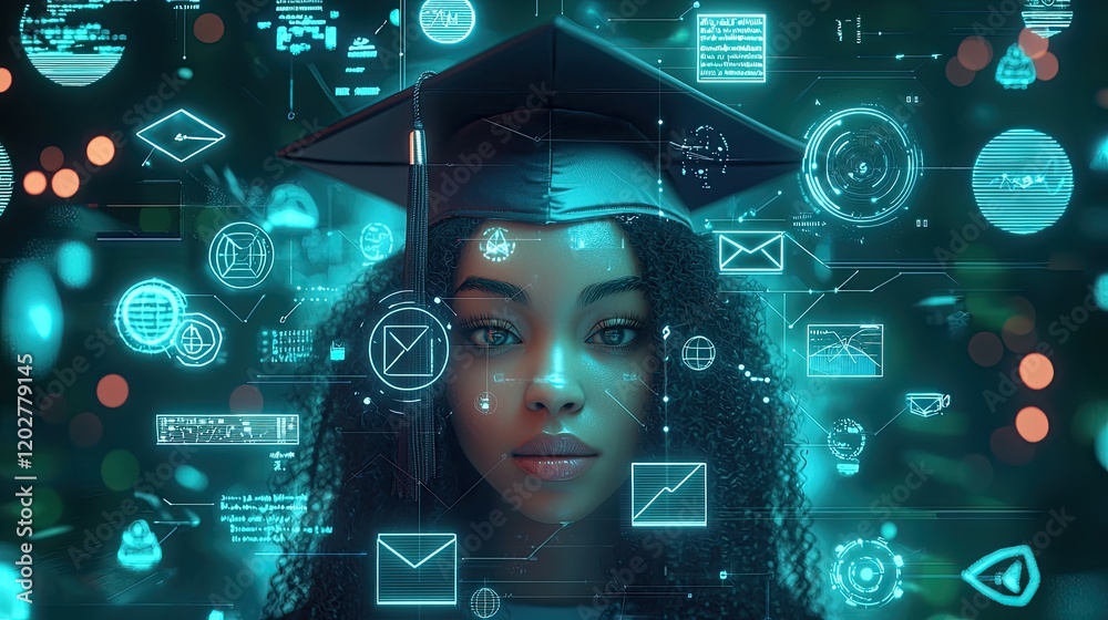 Poster this image illustrates a futuristic concept of education with a graduation cap surrounded by various