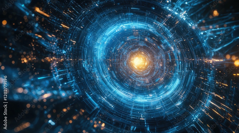 Poster This abstract technology background features intricate circuit patterns and vibrant blue light effects, ideal for concepts related to digital innovation and data visualiz