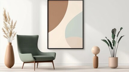 Mid Century Modern Living Room with Light Green Wingback Chair and Art Poster Frame on White Wall