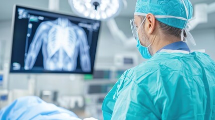 A surgeon in scrubs examines a chest X-ray in a modern operating room, highlighting advanced medical technology and patient care.